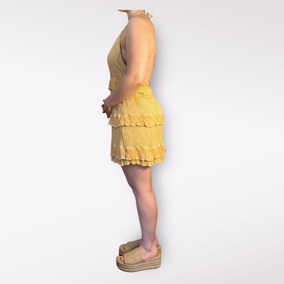Lulus Downright Darling Yellow Tiered‎ Ruffled Halter Mini Dress Size M - Picture 2 of 9